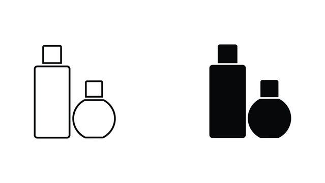 Cosmetic spray bottle and round cream jar set in outline and silhouette vector graphic styles