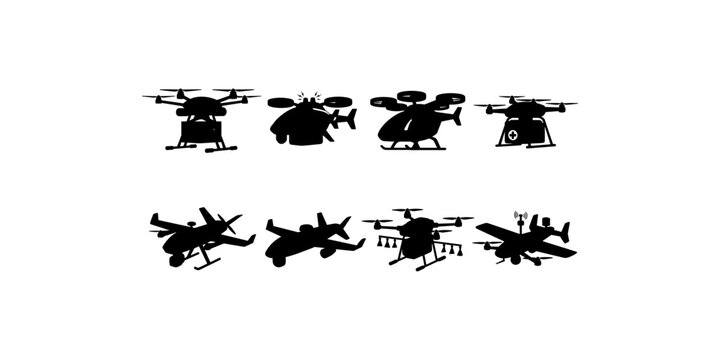 Stylized black silhouette bundle of eight drone and UAV designs including cargo, rescue, agricultural, and communication aerial vehicles in vector illustration