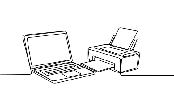 Continuous line drawing of a laptop computer and a printer on a desk