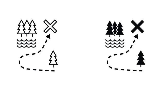Forest hiking trail map with mountain and water elements in outline and solid vector design