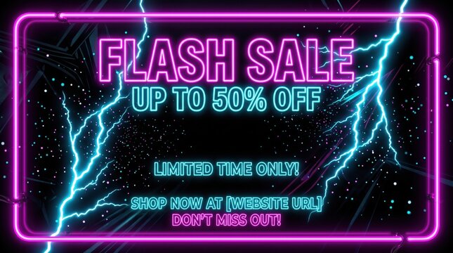 Neon flash sale banner with lightning bolts, retro synthwave discount poster, glowing pink and blue promotional flyer for retail marketing