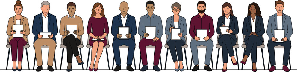 Obraz premium Diverse applicants line sitting on chairs holding cv resumes waiting for job interview vector illustration