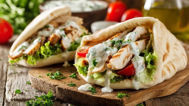 Grilled chicken pita sandwich with tzatziki sauce and fresh vegetables