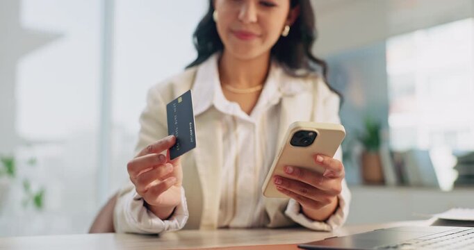 Hands, person and credit card in office with phone, ecommerce, online payment for bookkeeping. Smile, woman and mobile with bank info for purchase, finance security and password for investment fees