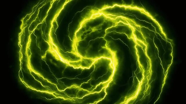 Fiery green-yellow plasma pulses in slow-twisting trails, glowing thunder lines, and rolling energy waves against a deep dark background &mdash; perfect for sci-fi, gaming, and broadcast motion overlays.