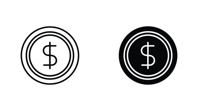 Minimalist dollar sign coin icon set in outline and solid black style for financial user interfaces