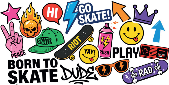 Colorful urban skateboard sticker vector pack featuring skateboards spray paint flaming skull smiley faces lightning and typography elements