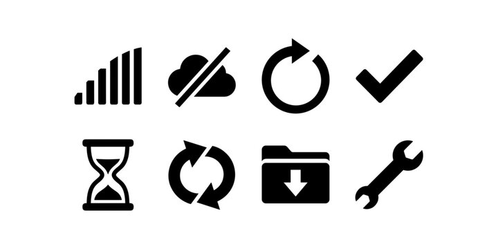 Stylized black silhouette bundle of eight interface icons including signal bars, cloud offline, refresh, checkmark, hourglass, sync, download, and wrench