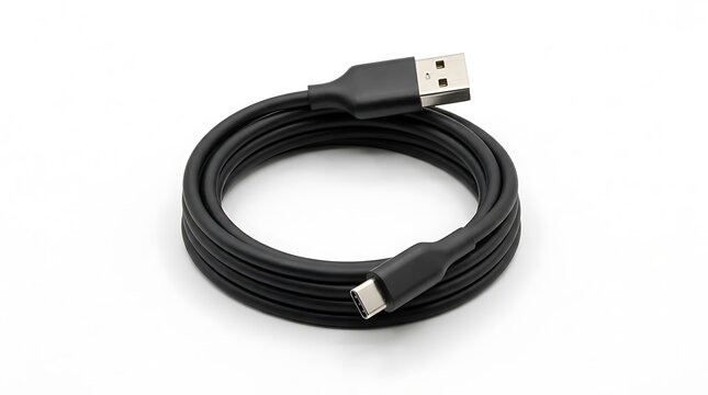A coiled black usb cable isolated on a white background for electronic data transfer and charging devices