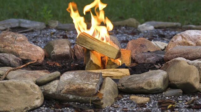 Clean split wood logs burning on a campfire, during early evening in the summer.