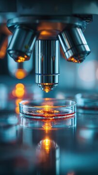 Scientific microscope examining a sample on a petri dish with vibrant reflections and glowing blue and orange laboratory lighting ambiance