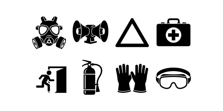 Stylized black silhouette bundle of eight safety icons including gas mask, siren, warning sign, first aid kit, extinguisher, gloves, and goggles