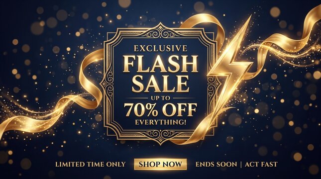 Luxury flash sale banner with gold lightning and ribbons. Exclusive 70 percent off discount poster. Elegant black and gold promotion.