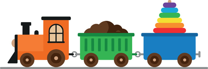 Cute toy train vector illustration with orange steam locomotive green cargo wagon and blue carriage carrying rainbow stacking pyramid