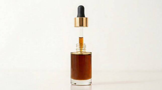 A single glass dropper bottle containing golden essential oil or cosmetic serum isolated on a white background