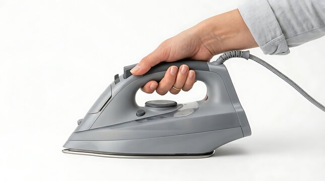 A hand holding a modern grey steam iron on a white background for laundry and garment care concepts