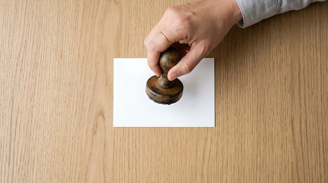 A person using a traditional wooden rubber stamp to mark a blank white paper on a wooden table
