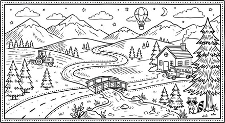 Fototapeta premium Kids coloring page vector design with country landscape mountain road bridge house tractor hot air balloon and raccoon outline illustration