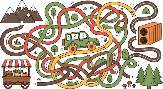 Kids maze puzzle game vector worksheet with cartoon SUV car winding roads mountain forest and market cart illustration