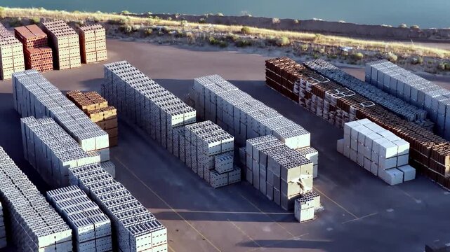 Architectural blocks at an open-air loading zone at sunrise with long shadows and shapes - tilt down aerial flyover