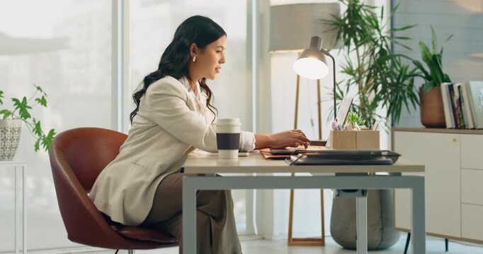 Woman, business or coffee with laptop in office for email, communication or network connection. Female person, employee or waiting on computer with drink for company feedback or response in workplace