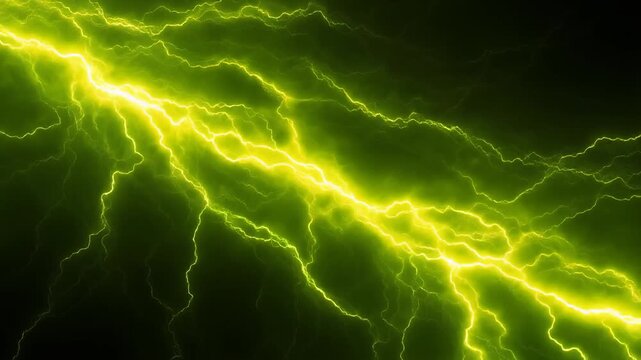 Fiery green-yellow plasma pulses in slow-twisting trails, glowing thunder lines, and rolling energy waves against a deep dark background &mdash; perfect for sci-fi, gaming, and broadcast motion overlays.