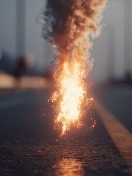 Intense flame and thick smoke rising from a fiery blaze on an asphalt road surface during dusk or dawn with a blurred background and reflective light effects
