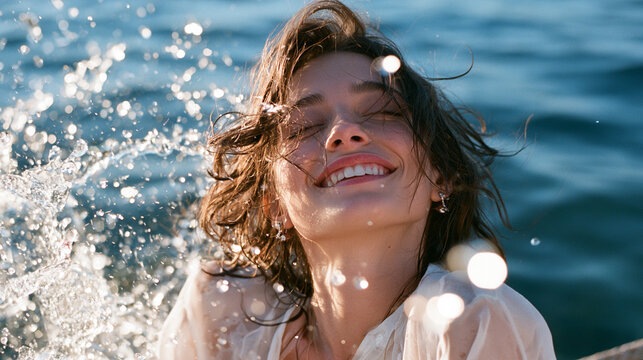 Woman smiling with joyful water splashing in ocean