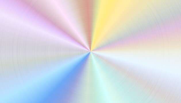Holographic gradient metal foil noise background. Circular iridescent metallic backdrop. Shiny silver spectrum texture. Radial CD hologram pattern effect for