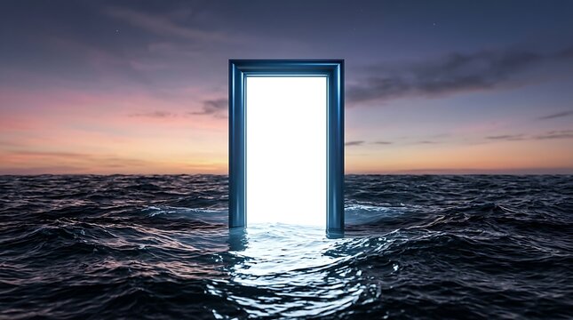 A glowing rectangular portal standing in the middle of a dark ocean during a beautiful purple sunset