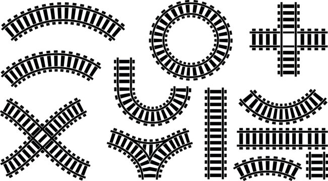Train track vector elements set featuring railway constructor segments with curved straight circular intersection and fork rails