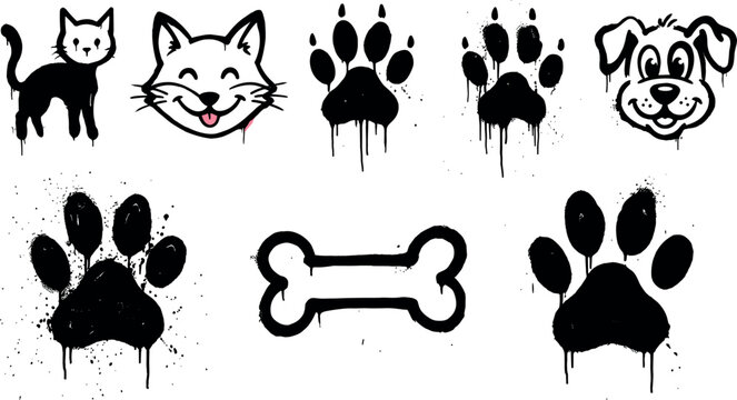 Graffiti style pet elements vector set featuring dripping spray paint paw prints bone cartoon cat face and puppy dog stencil icons