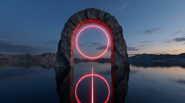 A glowing neon circular portal standing in calm water during a beautiful twilight evening with soft reflections