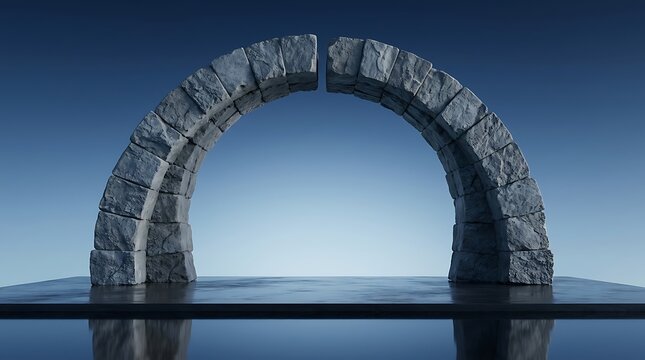 A futuristic metallic arch structure standing on a reflective surface against a clear blue gradient sky background