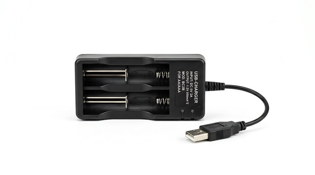 A black universal battery charger for rechargeable lithium ion cells with a short integrated usb power cable