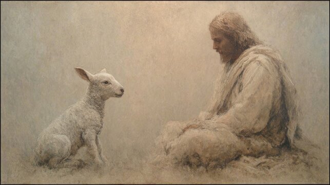Biblical Shepherd Sitting Peacefully with Young Lamb in Spiritual Painting