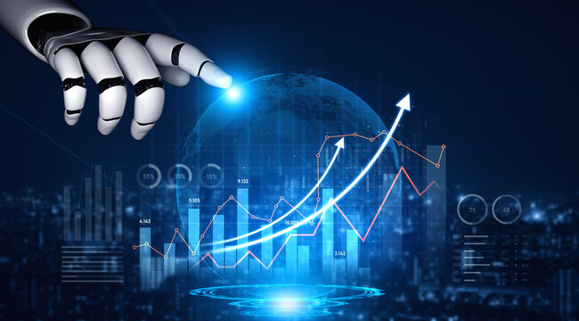 A futuristic robotic hand points to glowing data charts and graphs, representing growth in technology and finance. This image symbolizes innovation and progress in a digital world. Scalp