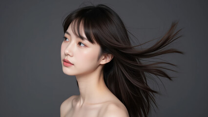 Fototapeta premium Woman portrait hair wind beauty face studio gray background young Asian woman with long dark hair blowing, calm expression, bare shoulder