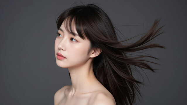 Woman portrait hair wind beauty face studio gray background young Asian woman with long dark hair blowing, calm expression, bare shoulder