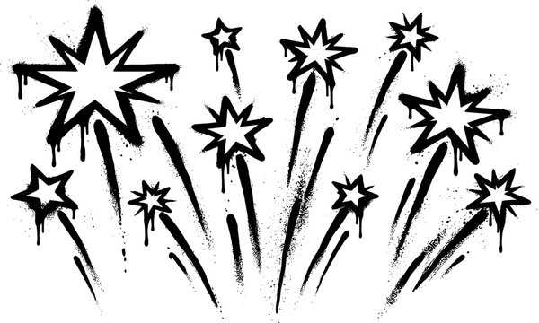 Graffiti style fireworks vector illustration featuring black spray paint stencils exploding celebration stars and grunge ink splatters