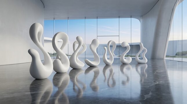Modern white artistic swan sculptures arranged in a row inside a bright minimalist gallery with reflective floor surfaces