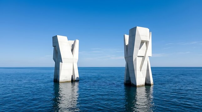 Two tall white stone pillars standing in the calm blue sea under a clear bright sunny sky