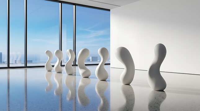 Modern abstract white sculptures displayed in a bright minimalist art gallery with large windows and city view