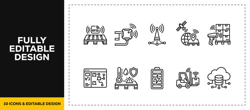 flat vector illustration line art icon bundle set design depicting industrial logistics wireless sensor networks and smart manufacturing symbols for factory warehouse