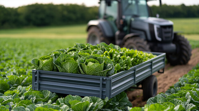 Freshly harvested green cabbages and organic lettuce filling a farm trailer in a large agricultural field with a modern tractor working in the background