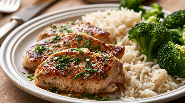 Healthy dinner plate presenting grilled chicken breasts topped with fresh parsley, served alongside fluffy white rice and steamed green broccoli florets, creating a balanced and nutritious meal
