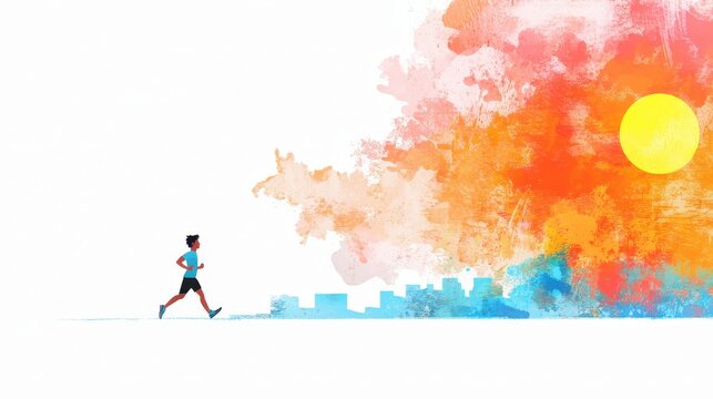 Person jogging towards vibrant sunset, surrounded by colorful abstract clouds, symbolizing energy and vitality