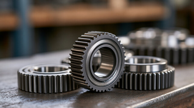 Metal gears and bearings showcasing mechanical engineering precision, industrial manufacturing, and automotive industry components, representing teamwork and progress on a workbench