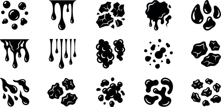 Liquid splash drip and puddle texture vector silhouette icon set featuring dripping paint slime oil blobs and rock debris elements.