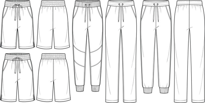Technical fashion flat sketch set of men's athletic sweatpants, joggers, and shorts templates